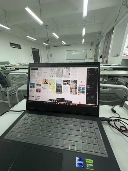 UI design mockups on laptop in design workspace